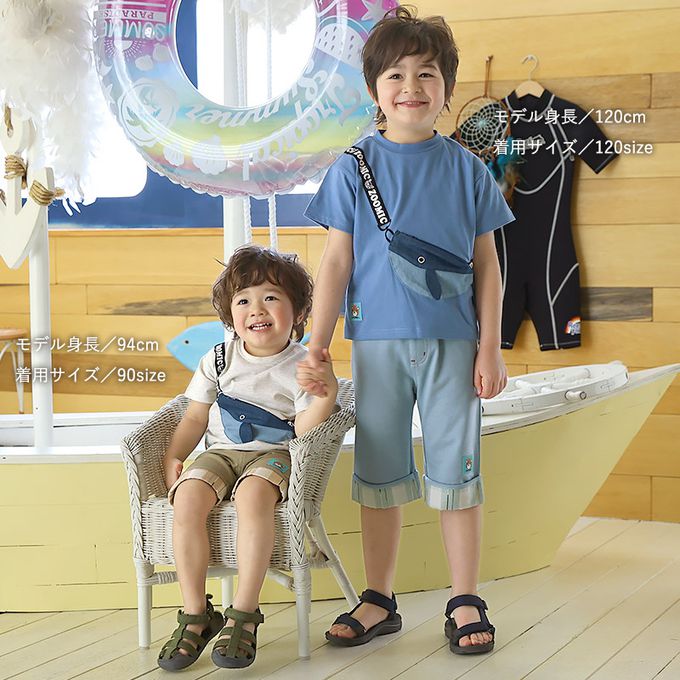 日本 ZOOLAND - 海洋印花短袖上衣-鯨魚口袋-海藍