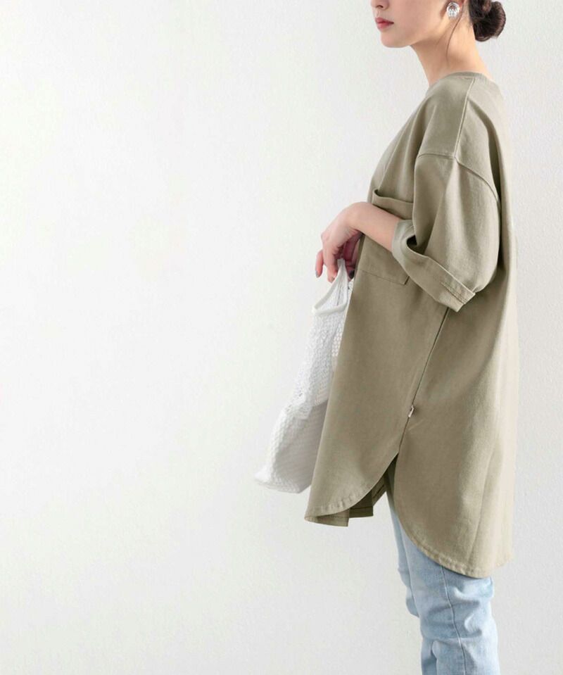 日本 Classical Elf - 100%美國棉厚磅落肩長版短袖上衣-藍綠