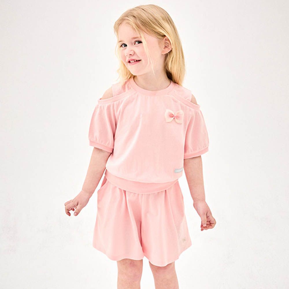 網紗蝴蝶結點綴露肩短袖套裝-粉