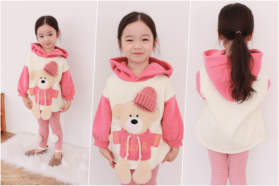 韓國 Coco rabbit - 裝飾大熊連帽長袖上衣-粉
