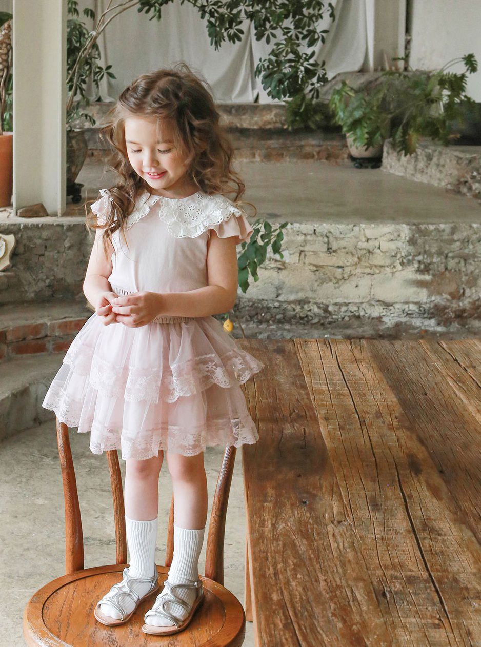 韓國 Puellaflo - 蕾絲花朵雙層蛋糕裙-粉紅