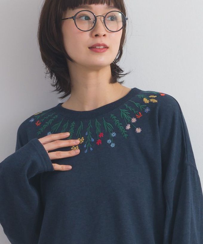 日本 Lupilien - 彩色刺繡花卉領裏毛長袖上衣-炭灰