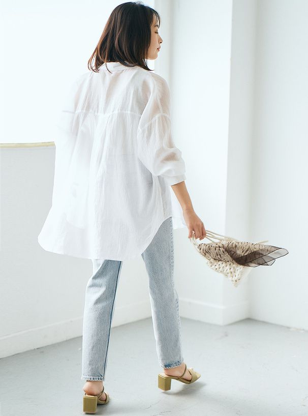 日本 GRL - 透明感氣球袖襯衫/罩衫-淺粉 (M)