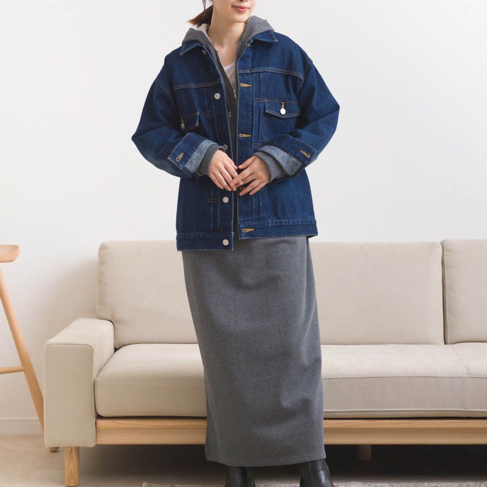 休閒刺繡logo裏毛連帽長袖洋裝-深灰