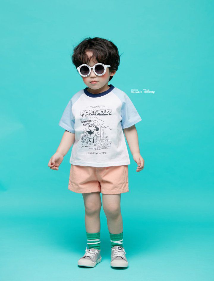 韓國 Hanab - 正版迪士尼-卡通米奇拼接色T-黃