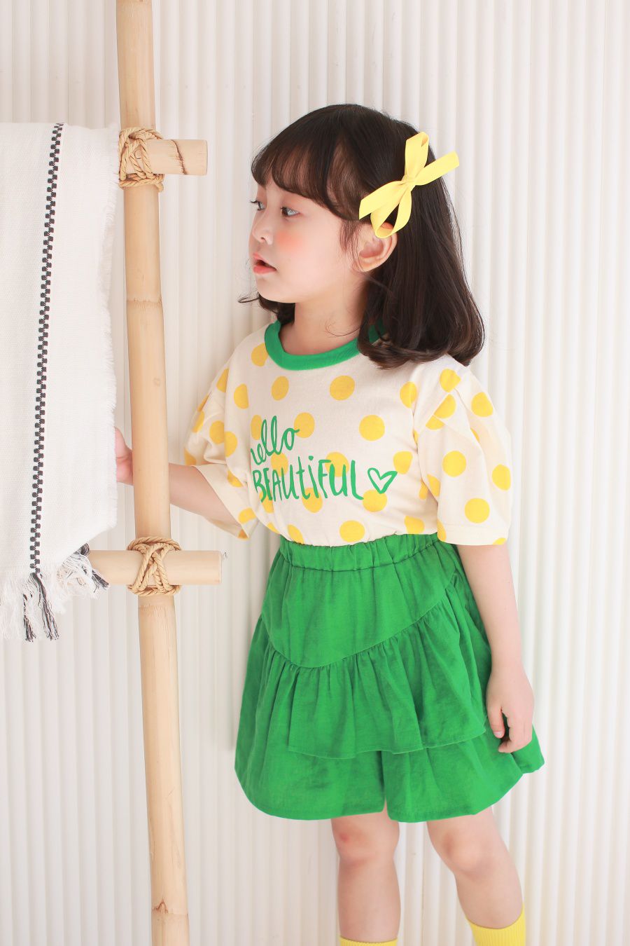 韓國 Dalla - 波點泡泡袖純棉T-黃波點