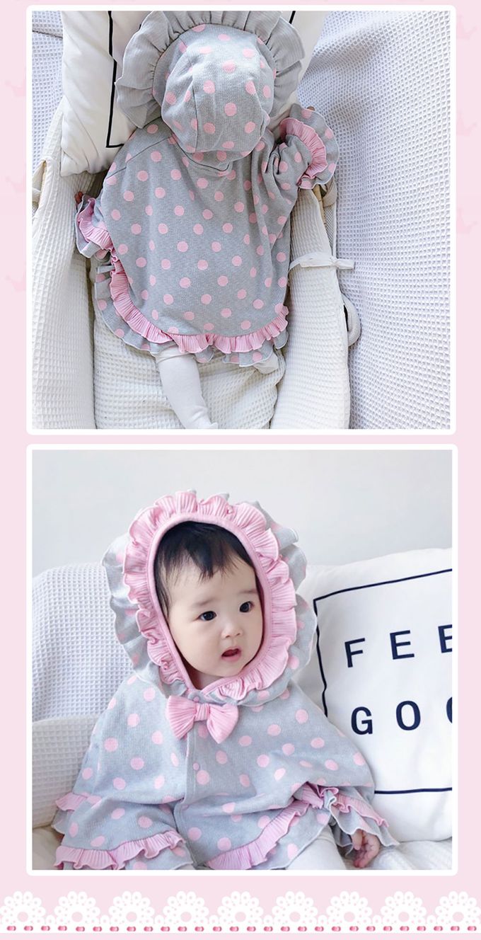 JoyNa - 保暖加絨斗篷 公主風 寶寶披風 加絨/棉布-灰底粉點花邊