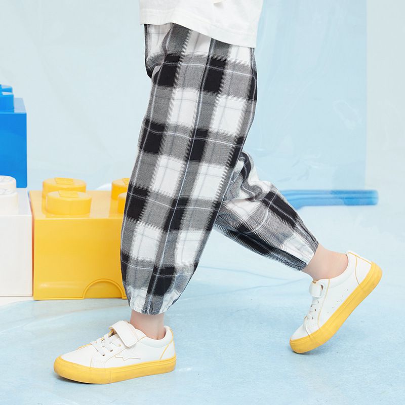 純棉束口長褲/防蚊褲-格紋款-黑+白