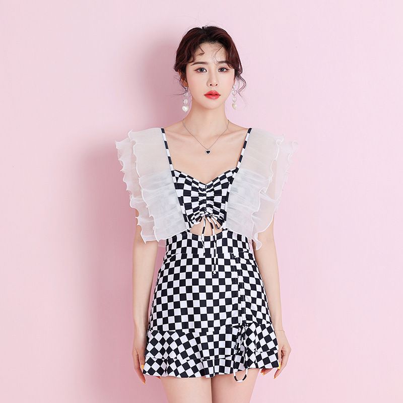 網紗荷葉格紋高腰連身泳衣-黑+白