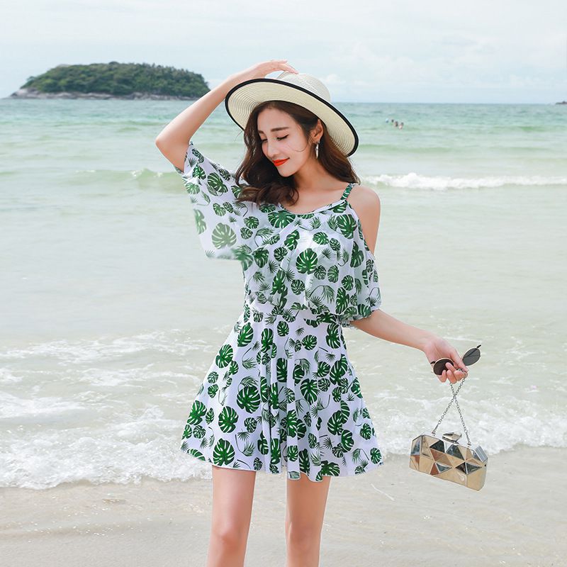 清新印花修身顯瘦遮肉連身裙泳裝-滿滿小葉子-綠+白