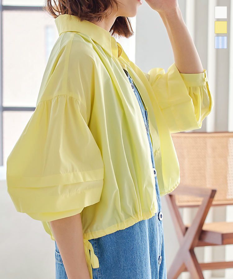 日本 Kobe Lettuce - 甜美短版翻領澎澎袖抽繩襯衫-白 (M)