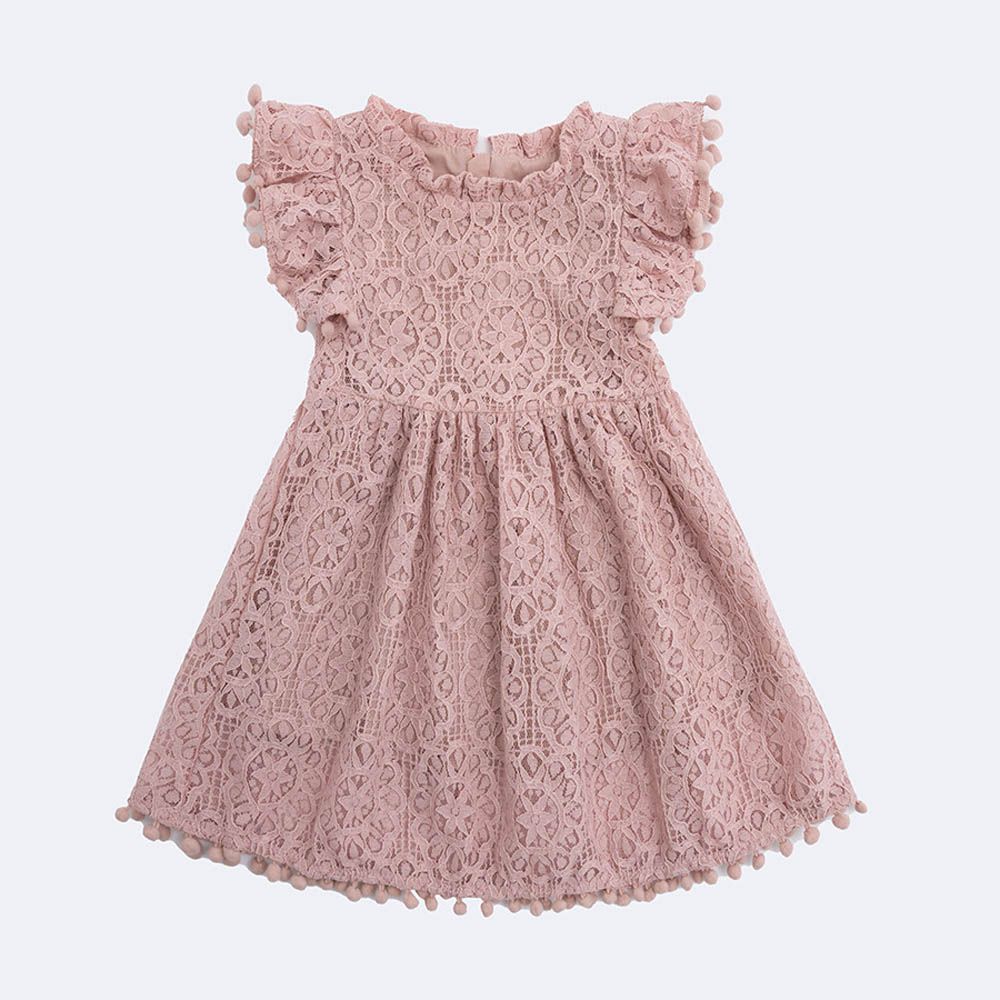 氣質簍空蕾絲小飛袖洋裝-豆沙粉