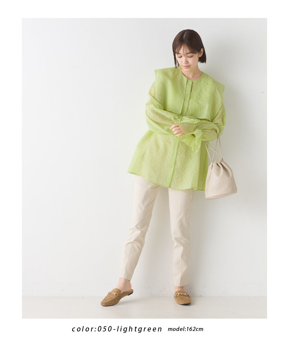 日本 OMNES - 空氣感翻領透膚糖果袖襯衫-暖陽橘