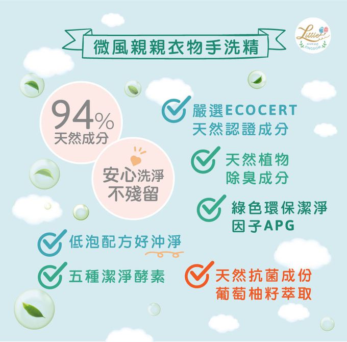 微風親親衣物手洗精-嚴選ECOCERT天然認證成分，天然除臭及抗菌成分，搭配五種潔淨酵素，低泡配方好沖淨