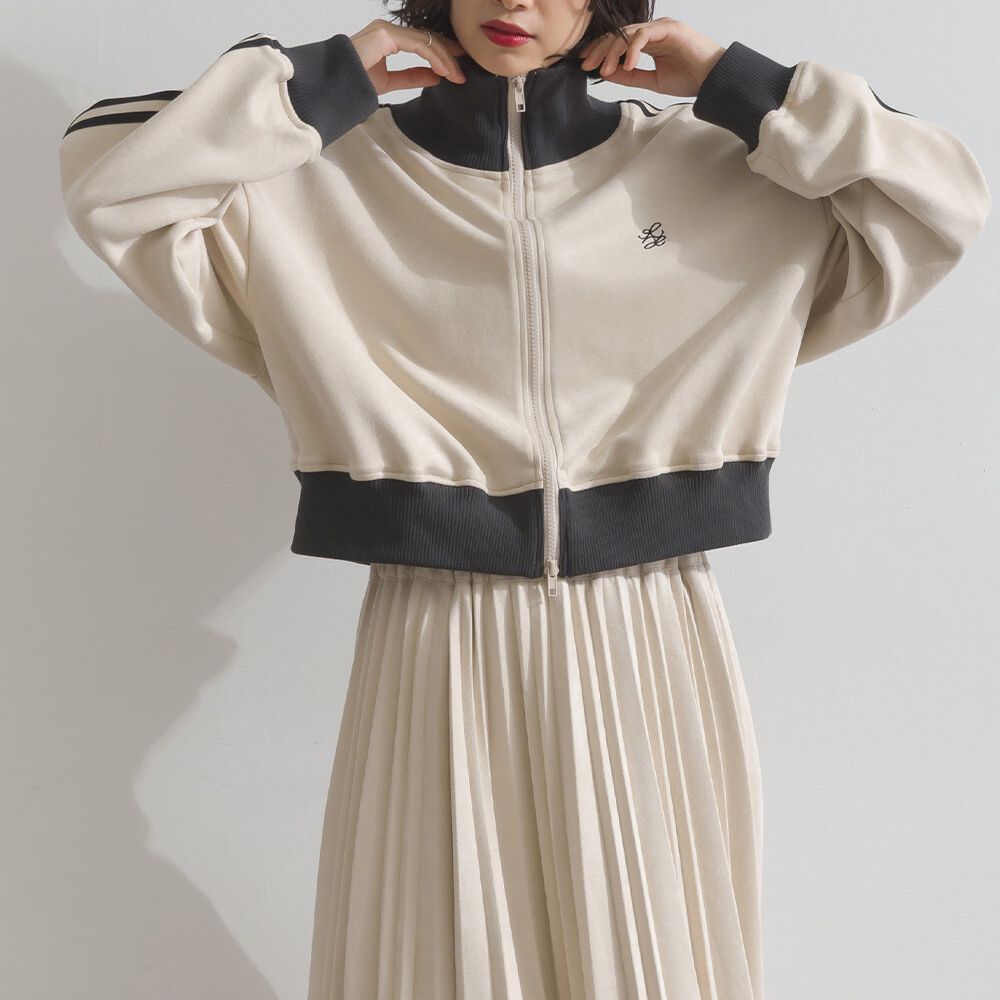 麂皮短絨休閒配色運動風夾克-米x炭黑領