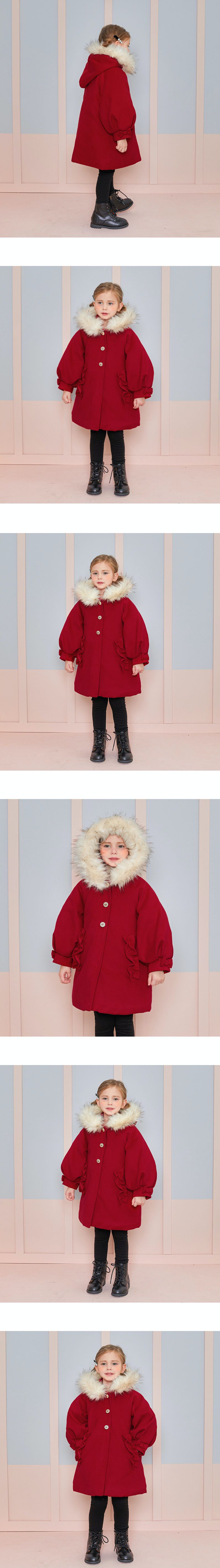 韓國 WALTON kids - 內鋪棉荷葉裝飾泡泡袖大衣-紅