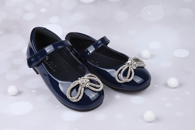 閃亮鑽石水晶蝴蝶結深藍色兒童公主鞋