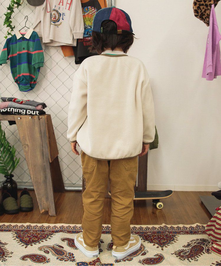 日本 BREEZE - 古著撞色輕質短毛外套-米白x軍綠