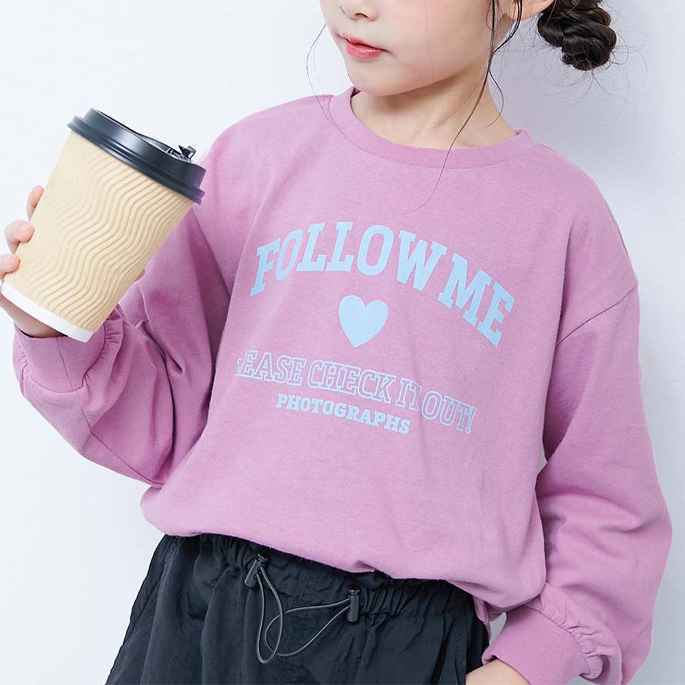 100%棉 圓弧下擺印花長袖T恤-跟著愛心-桃粉