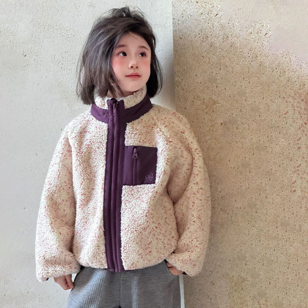 星空暖絨拼接搖粒絨外套-米黃