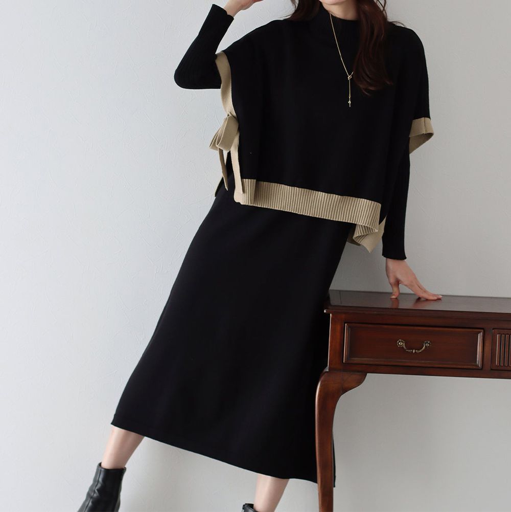 [經典款]氣質針織斗篷綁帶長袖洋裝2件組-黑x杏