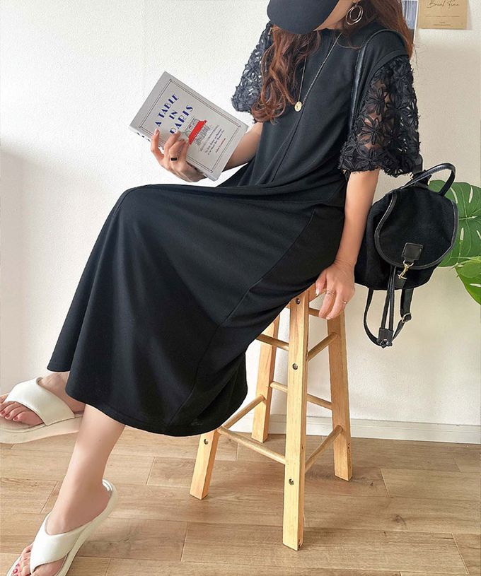 日本 Classical Elf - 夢幻薄紗緹花泡泡袖洋裝-黑