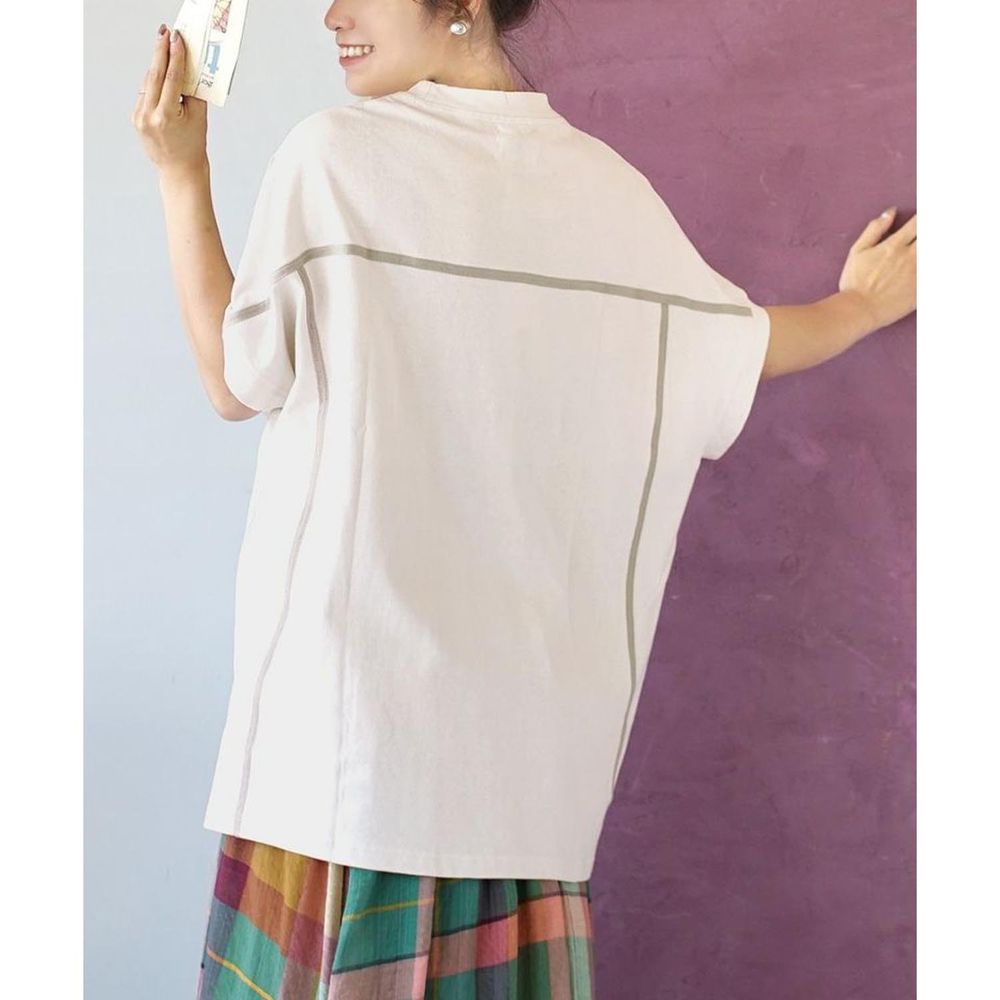 日本 zootie - 純棉線條拼接設計感五分袖上衣-米杏