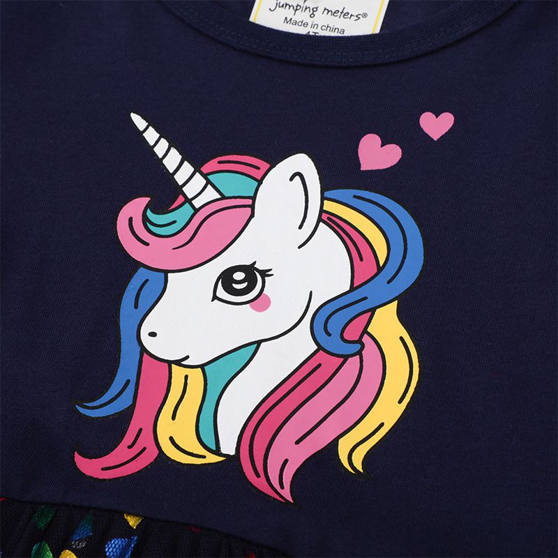 Jumping meters - 棉質圓領長袖連身網紗洋裝-獨角獸與繽紛愛心-深藍色