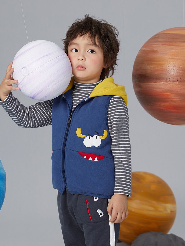 立體造型鋪棉保暖背心-調皮小妖怪-藍+黃
