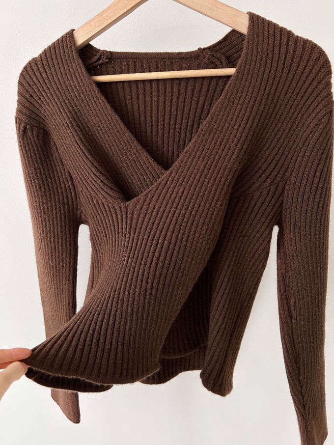 韓國女裝連線 - X交叉設計彈性坑條針織上衣-粉 (FREE)