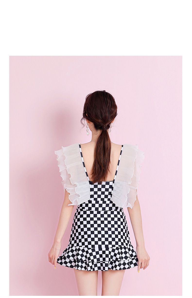 網紗荷葉格紋高腰連身泳衣-黑+白