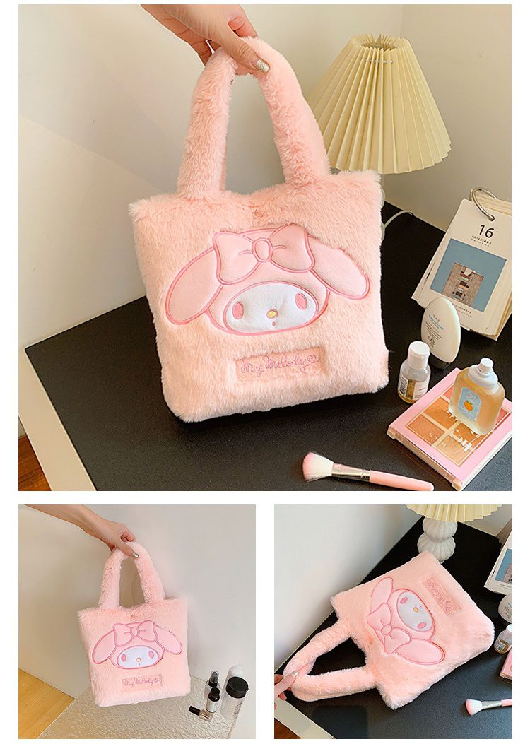 卡通毛茸茸大容量手提袋-卡通人物Hello Kitty-白色 (30x10x(27+17)cm)