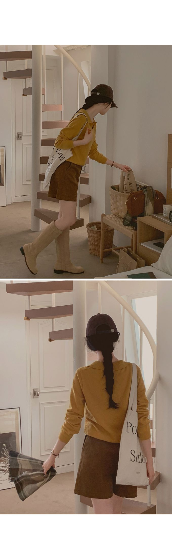 韓國女裝代購 - 小V翻領混羊毛長袖針織上衣-燕麥 (FREE)