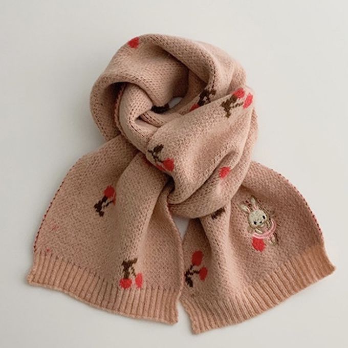 Love, Charlotte - 櫻桃兔子刺繡點綴針織圍巾-兒童圍巾-皮粉色 (130 x 20 cm)