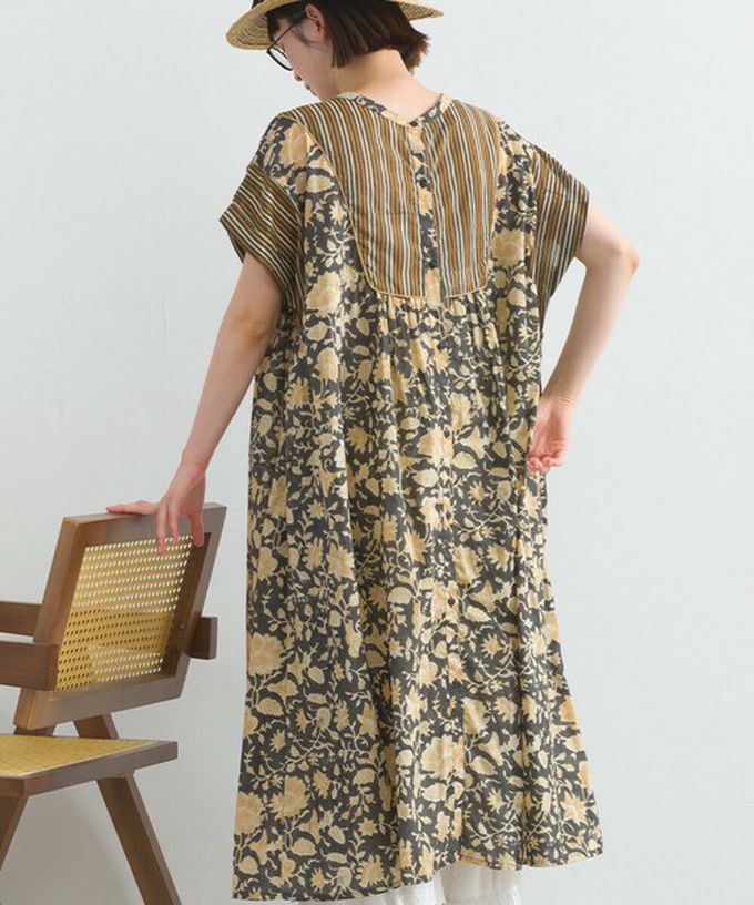 日本 Lupilien - 前後2way 自然風花卉印度棉輕盈洋裝-深灰x棕黃