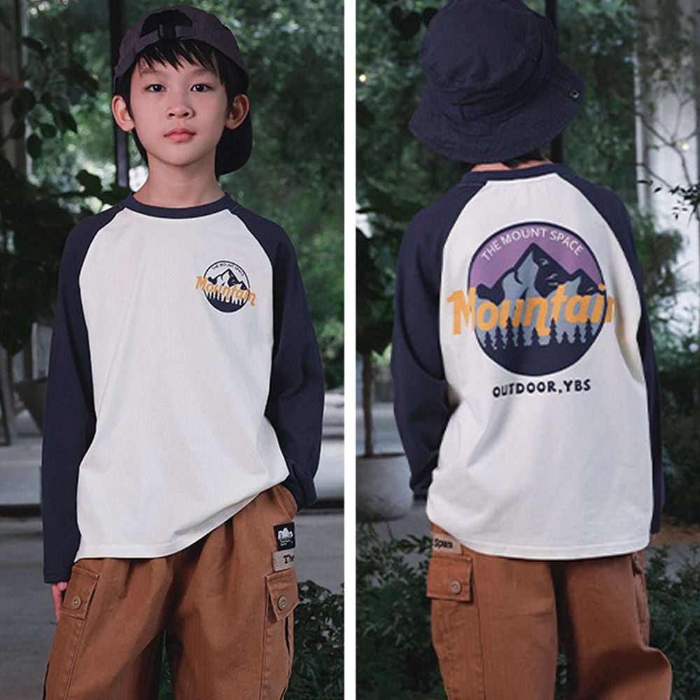 純棉圓領長袖上衣-Mountain-拼色杏