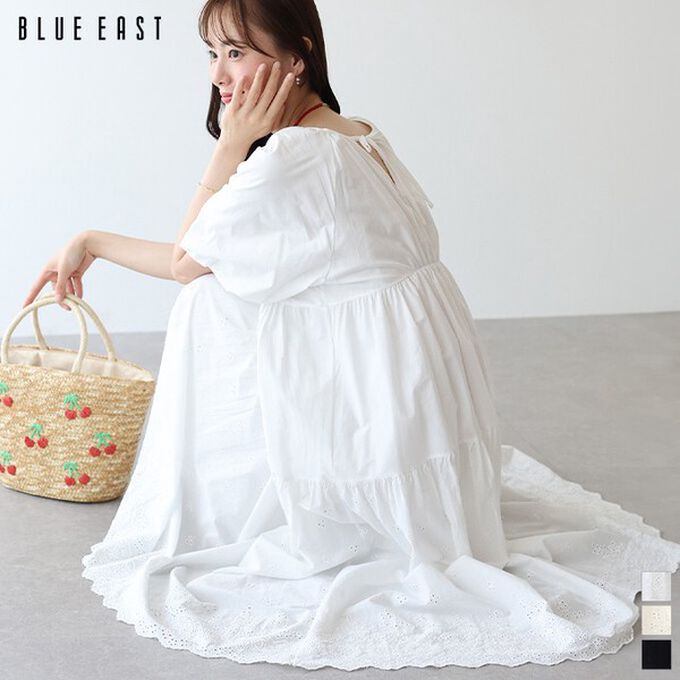 日本 BLUE EAST - 100%棉 下擺精緻蕾絲泡泡短袖洋裝-白