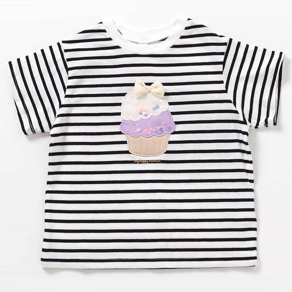 可愛立體刺繡短袖上衣-條紋蛋糕-黑x白