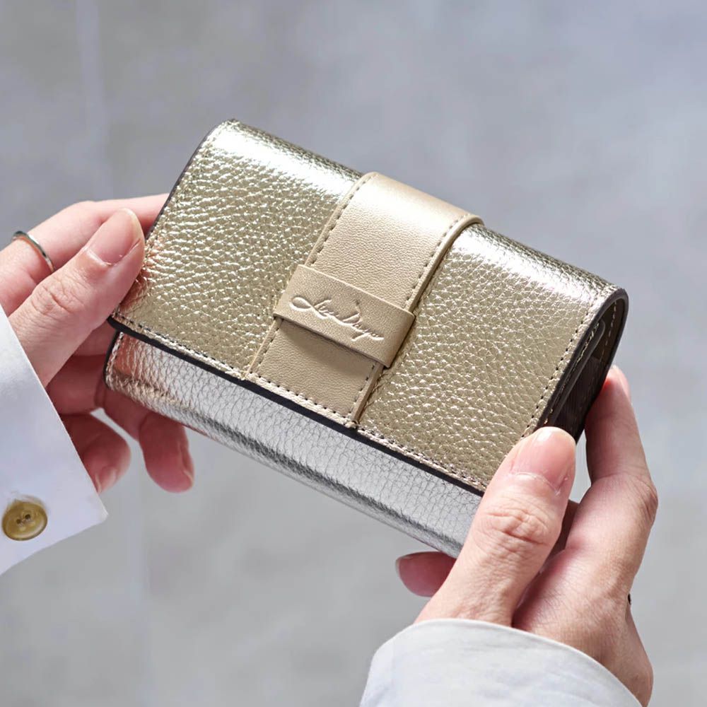 真皮迷你三折配色風琴短夾-霧淺金