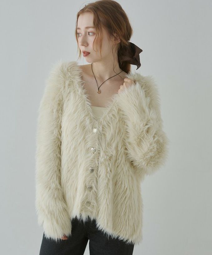 日本 Bab - 奢華毛海愛心扣前後2way開襟衫-長版-象牙