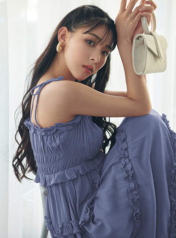 日本 GRL - 法式浪漫滾邊層次吊帶裙/洋裝-藍