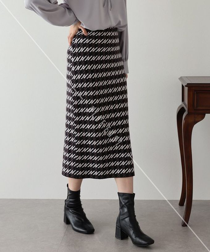 日本 BLUE EAST - 氣質千鳥格針織開叉合身長裙-黑灰