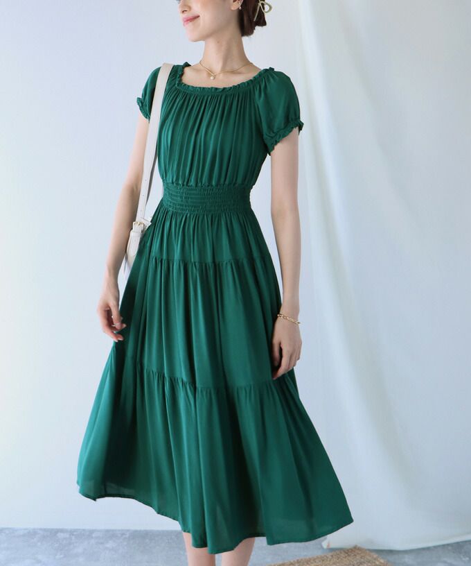 日本 BLUE EAST - 絕美平口縮腰泡泡袖洋裝-碎花-藍