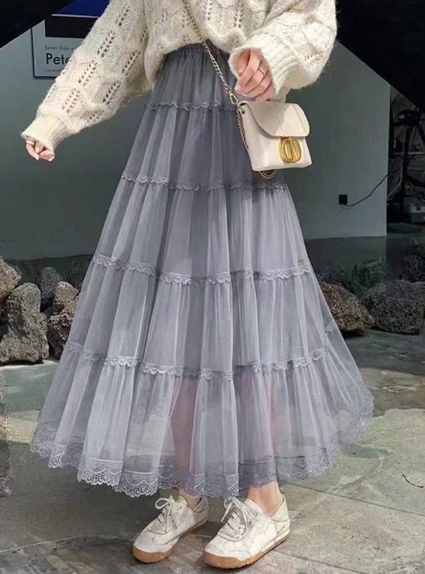 日本 GRL - 柔美層次蕾絲滾邊紗裙-灰藍