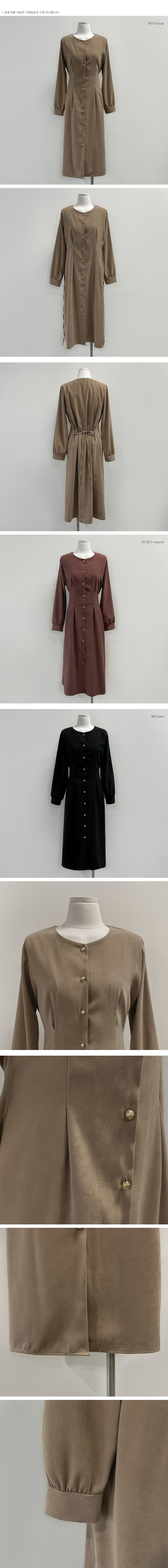 韓國女裝代購 - 霧面質感金釦點綴修飾連身洋裝-乾燥玫瑰粉 (FREE)