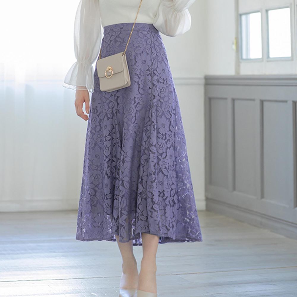 日本 GRL - 花朵蕾絲修身飄逸長裙-灰紫藍