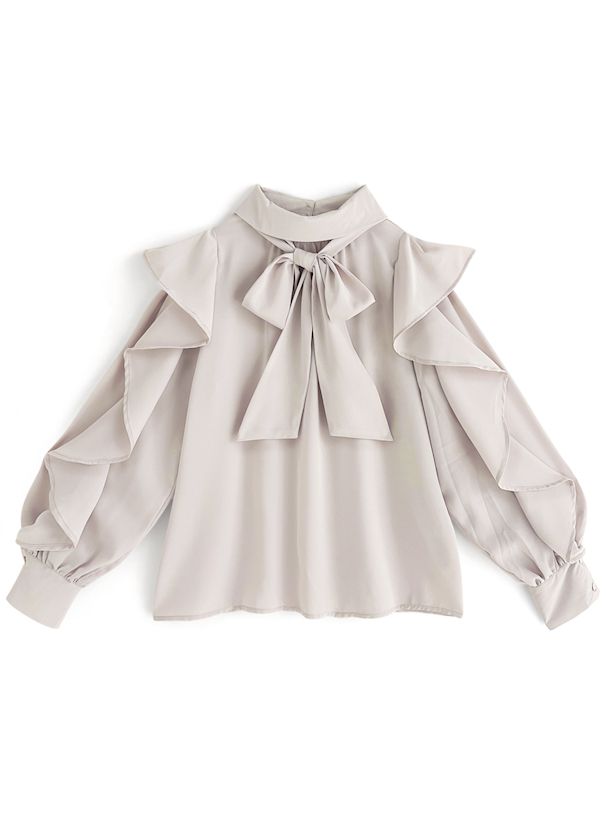 日本 GRL - 低調光澤蝴蝶結長袖上衣-煙燻粉 (F)