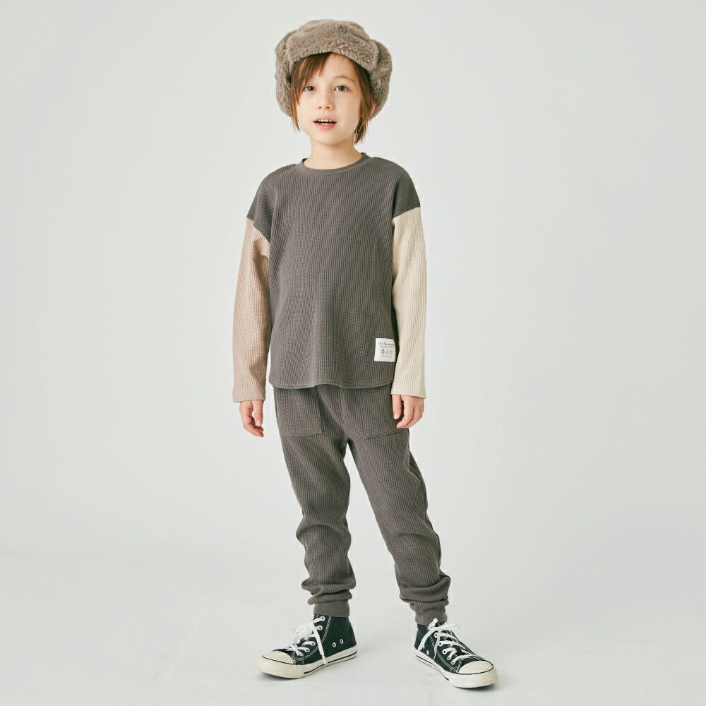 日本 evercloset - 華夫格配色純棉柔軟長袖上衣-黑x棕灰