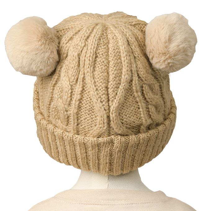 akachan honpo - 麻花編針織帽-毛球-淺卡其色