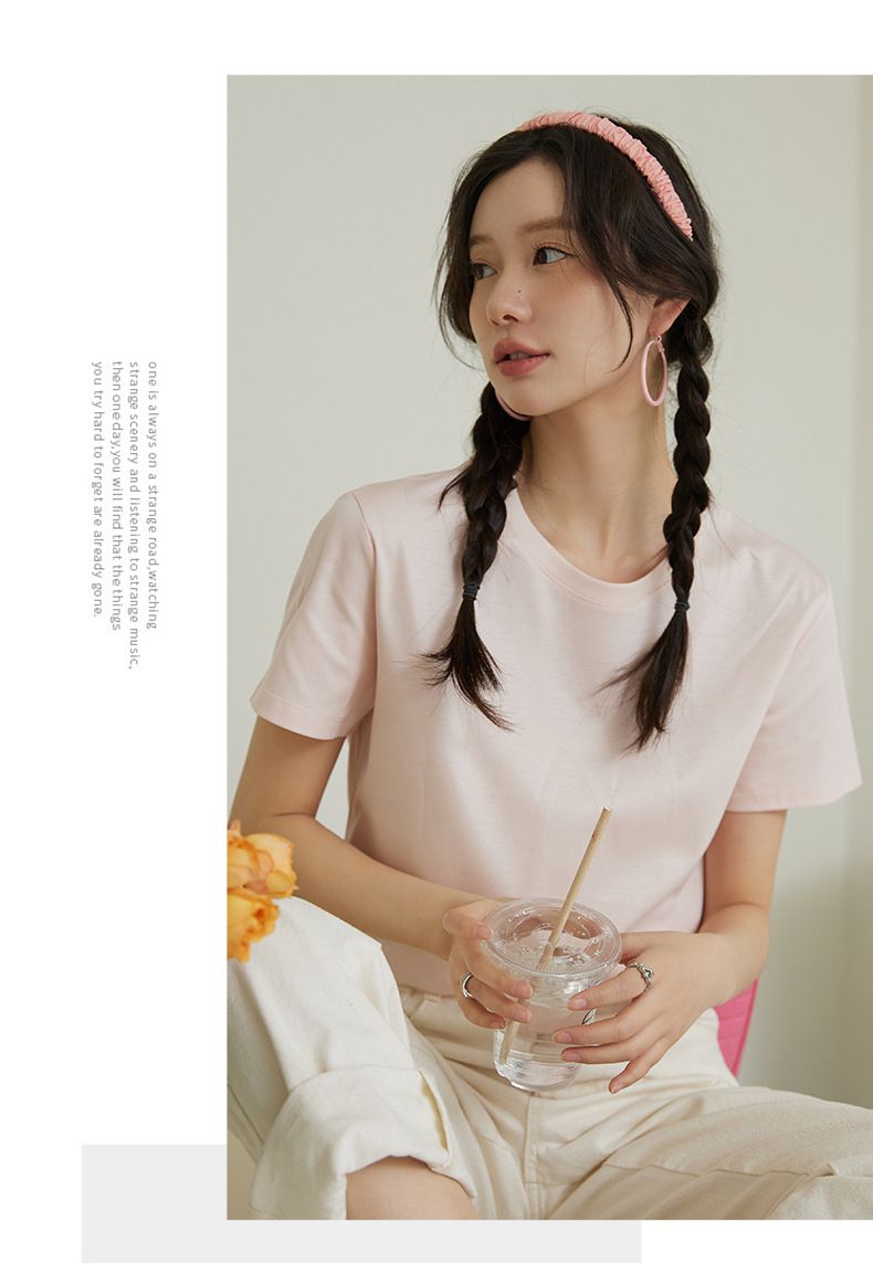 糖果色絲光棉圓領短袖上衣-白色